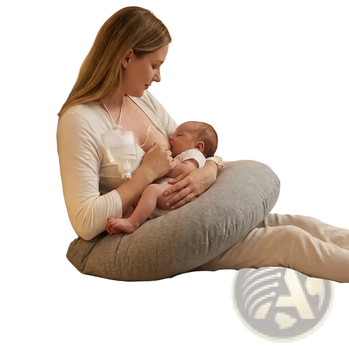 Gray supportive nursing pillow with soft cushioned design and subtle texture for newborn breastfeeding supplemental system