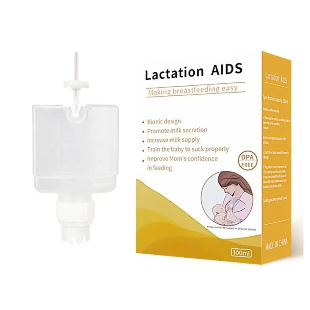 White plastic supplemental nursing system with clear reservoir and white cap designed for newborn breastfeeding support