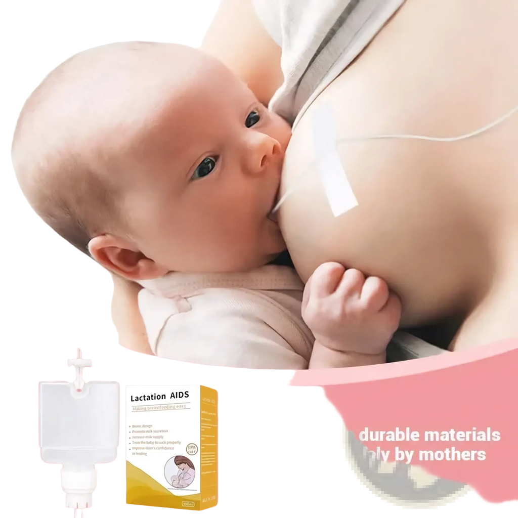 White plastic supplemental nursing system with clear tubing and yellow lactation aids box for newborn breastfeeding