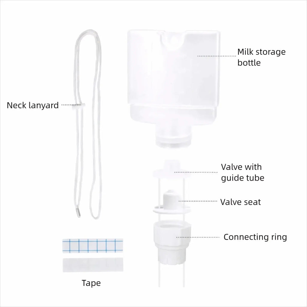 Transparent plastic supplemental nursing system milk storage bottle with white valve assembly and connecting ring for newborn breastfeeding