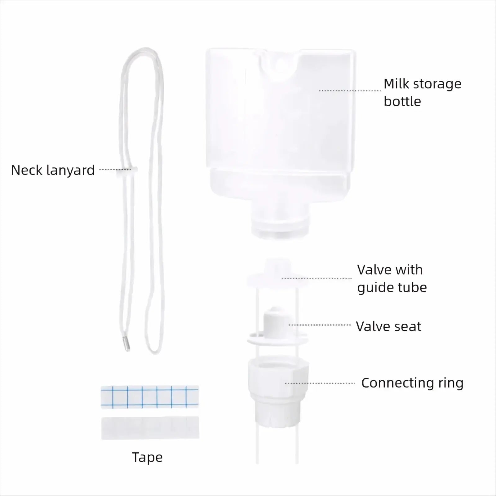 Transparent plastic supplemental nursing system milk storage bottle with white valve assembly and connecting ring for newborn breastfeeding