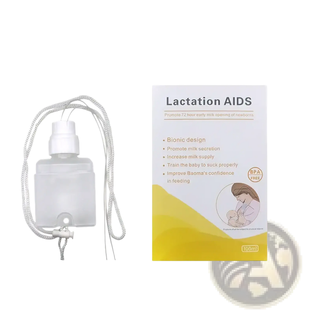 Transparent plastic supplemental nursing system bottle with white spray nozzle and gray braided cord for newborn breastfeeding