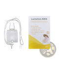 Transparent plastic supplemental nursing system bottle with white spray nozzle and gray braided cord for newborn breastfeeding