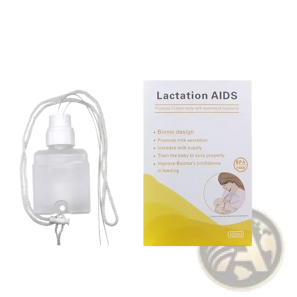 Transparent plastic supplemental nursing system bottle with white spray nozzle and gray braided cord for newborn breastfeeding