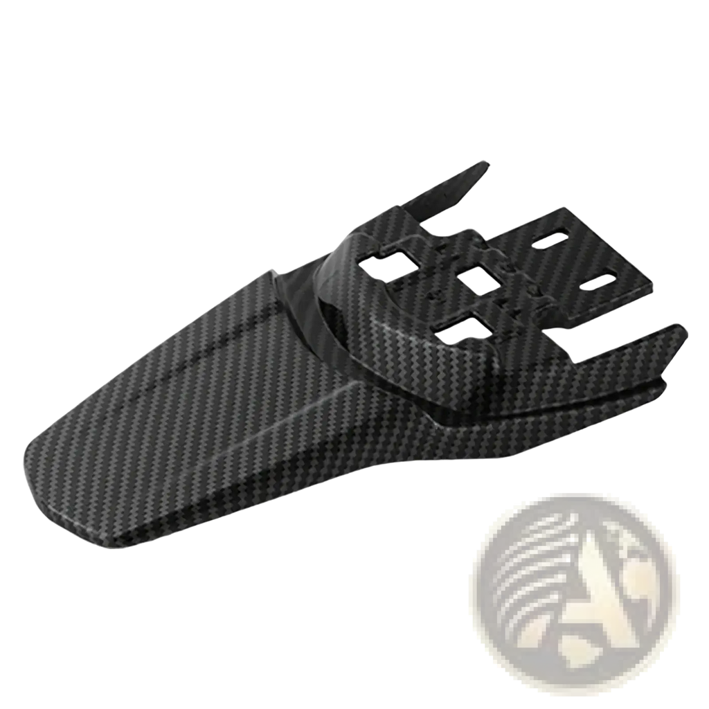 Black carbon fiber surron motorcycle rear fender with sleek textured weave and angular mounting cutouts back view