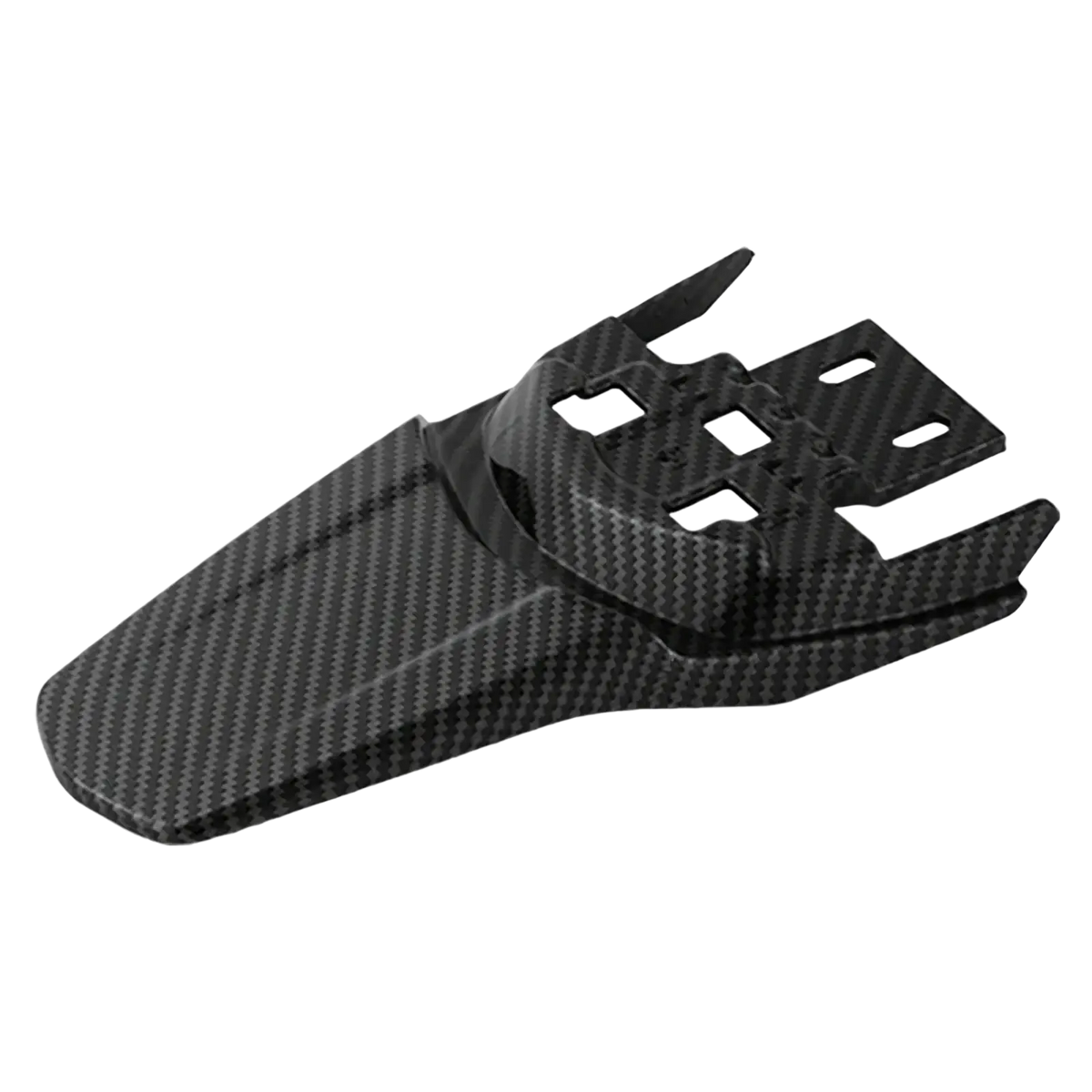 Black carbon fiber surron motorcycle rear fender with sleek textured weave and angular mounting cutouts back view