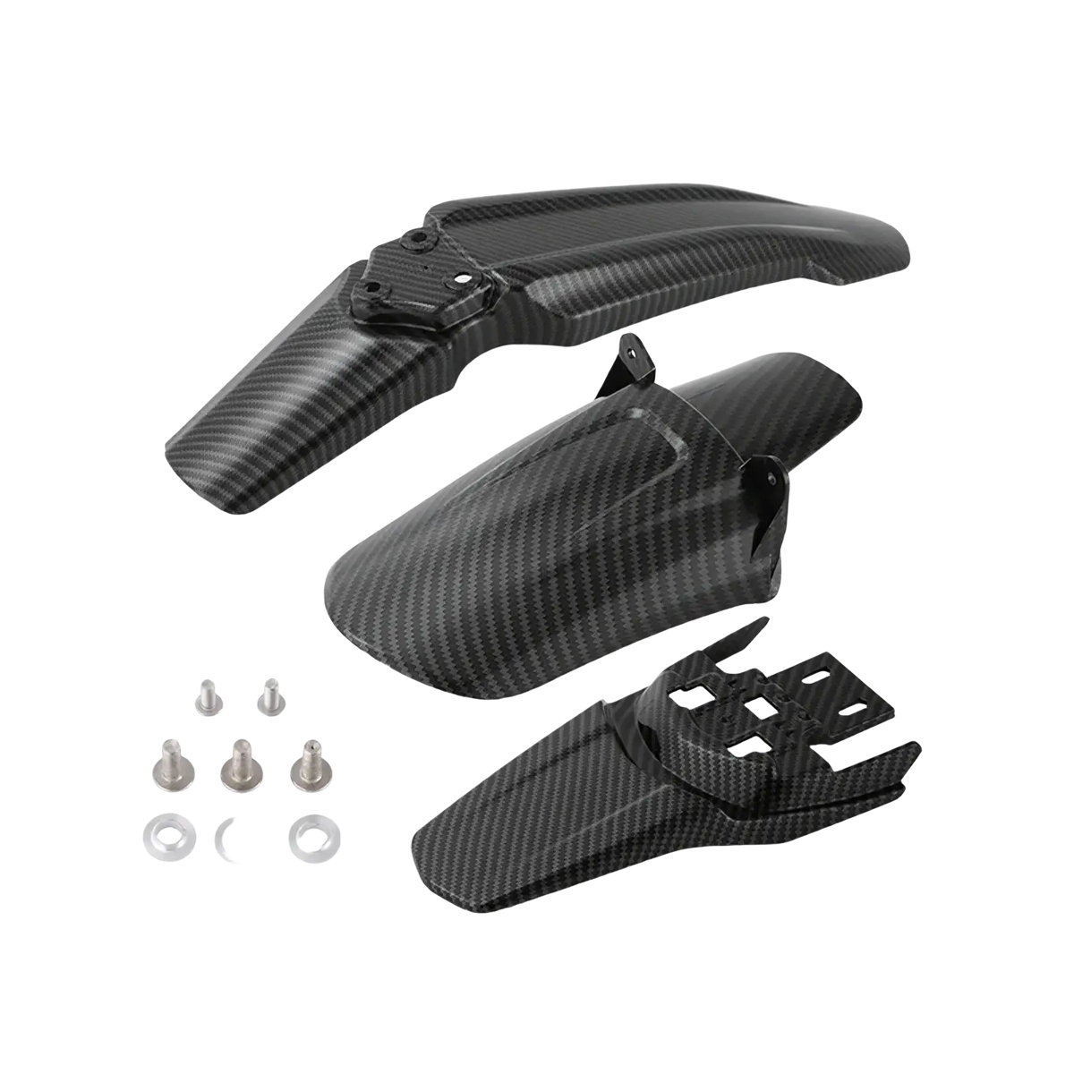 Black carbon fiber front and rear motorcycle fender set for surron featuring lightweight durable design