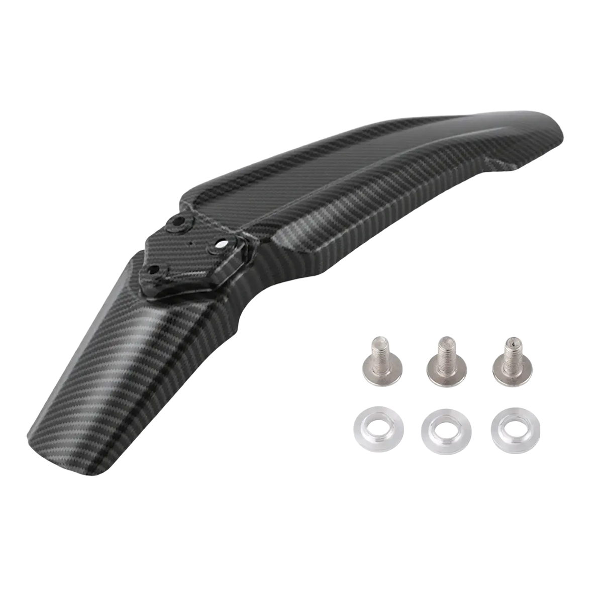 Black carbon fiber SurRon motorcycle front fender with matching mounting hardware displayed from the front side
