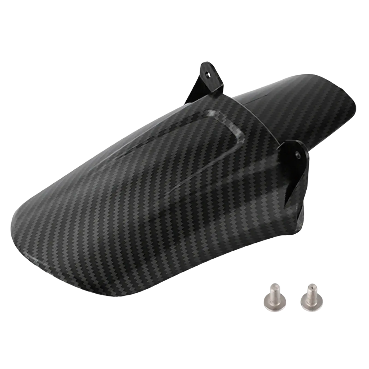 Black carbon fiber motorcycle rear fender with two silver mounting screws for surron carbon fiber fender set back side view