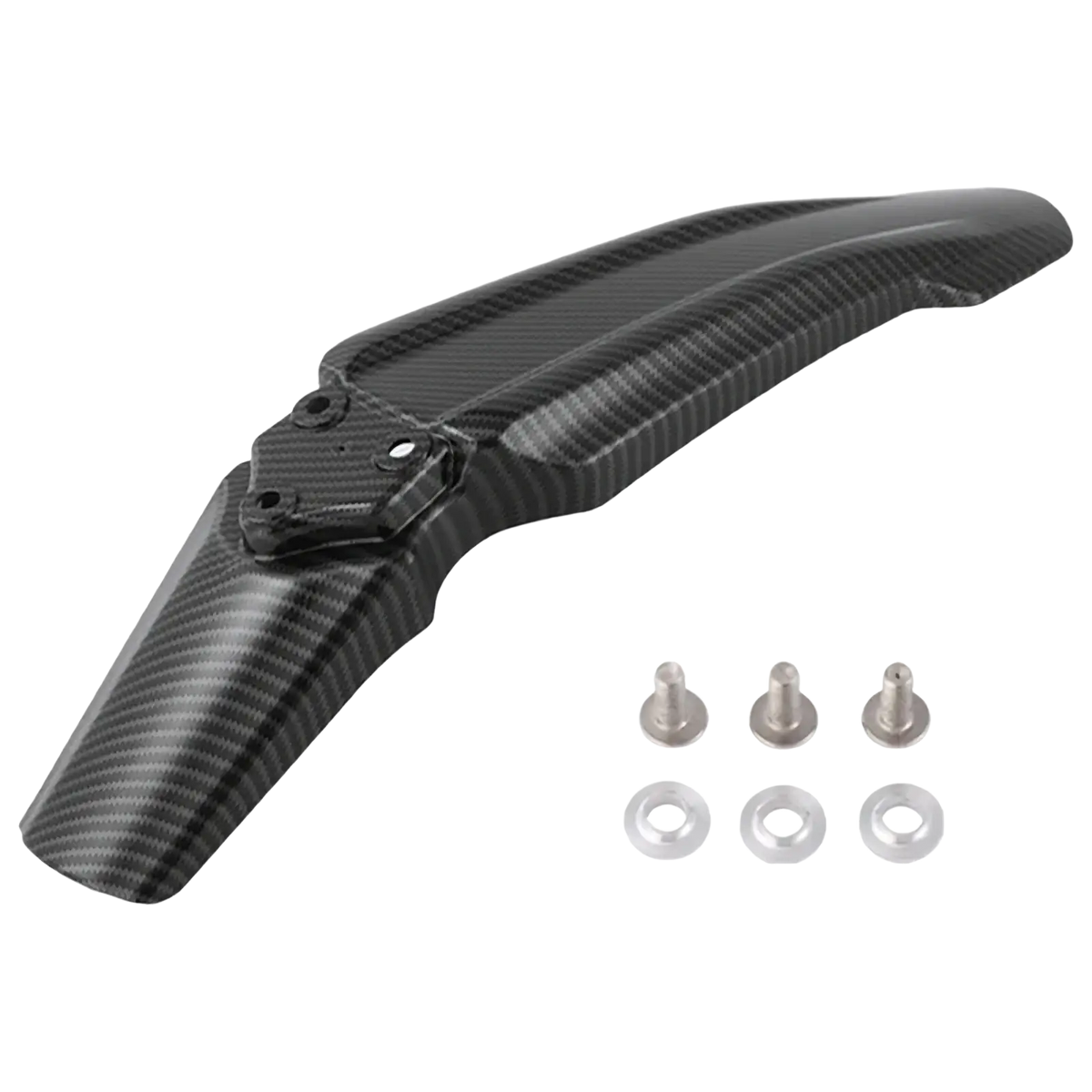 Black carbon fiber front fender with matching hardware for Surron motorcycles in a sleek durable design