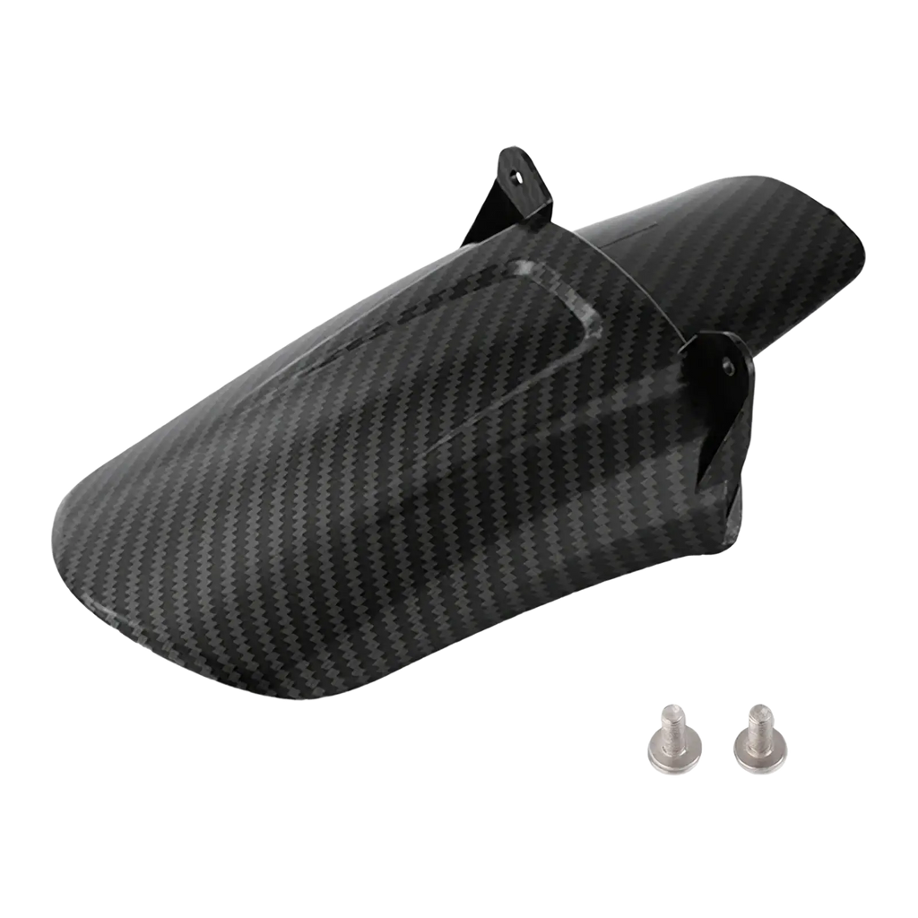 Back side of black carbon fiber surron motorcycle rear fender with two silver mounting screws visible
