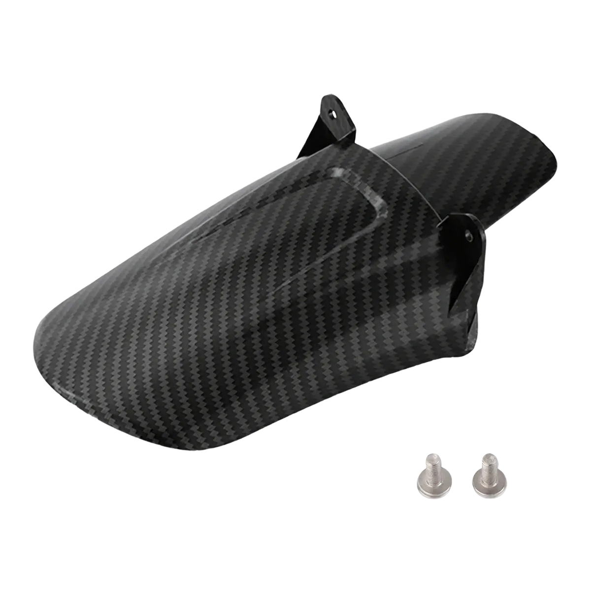 Back side of black carbon fiber surron motorcycle rear fender with two silver mounting screws visible
