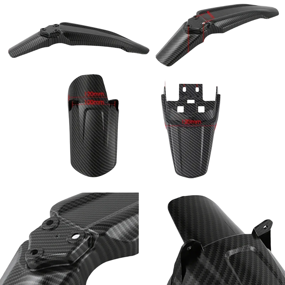 Surron carbon fiber fender set with black textured weave pattern and precise mounting hardware for motorcycles
