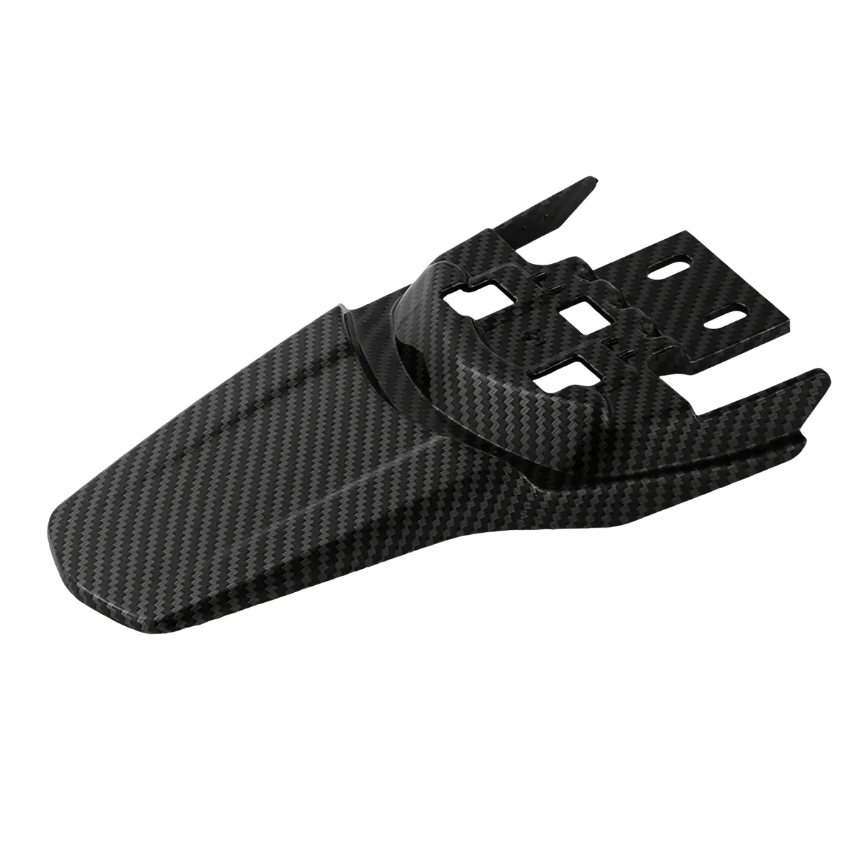 Black carbon fiber rear fender for Surron motorcycle with sleek textured weave and angular mounting cutouts visible from back side