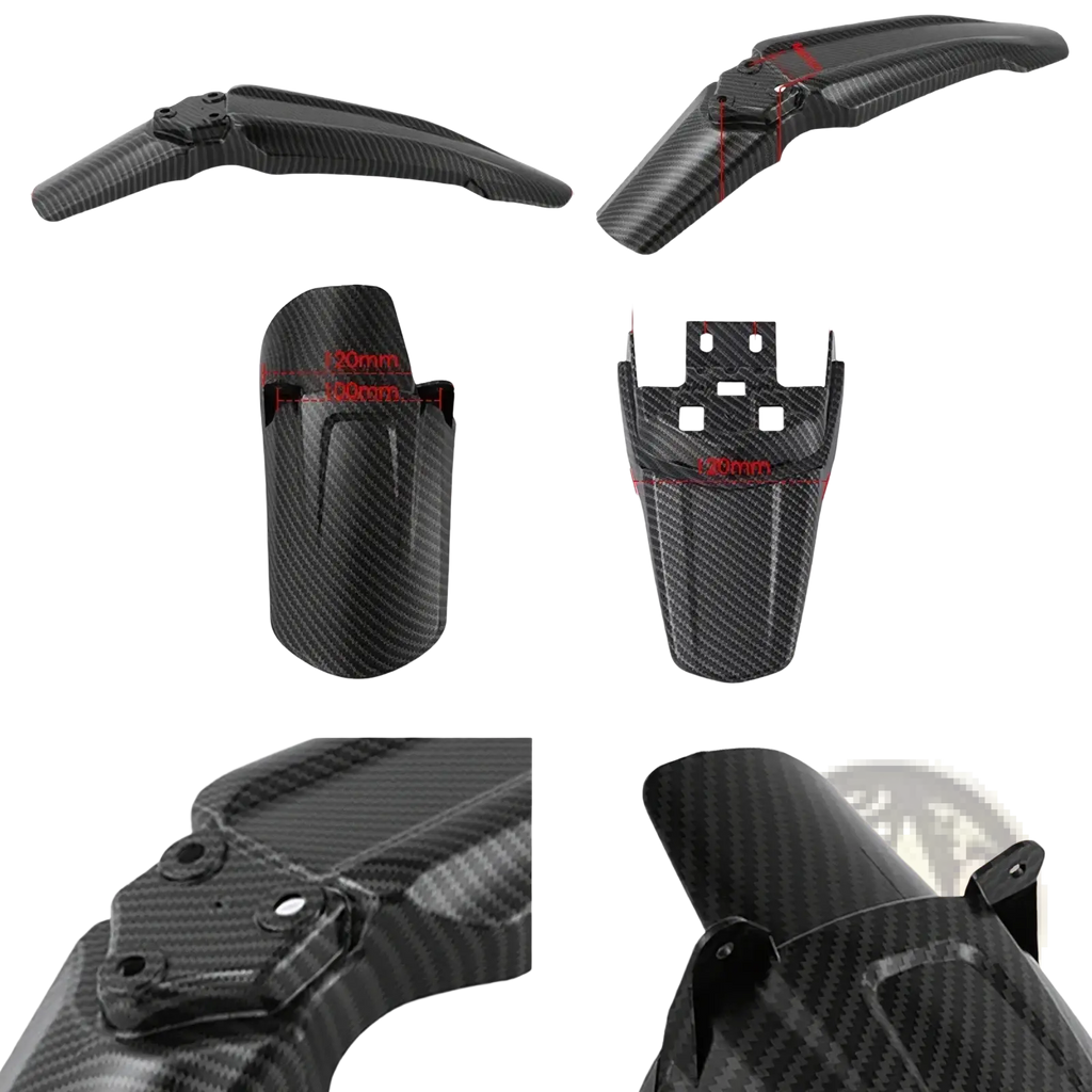 Surron carbon fiber fender set with black textured weave pattern and precise mounting hardware for motorcycles