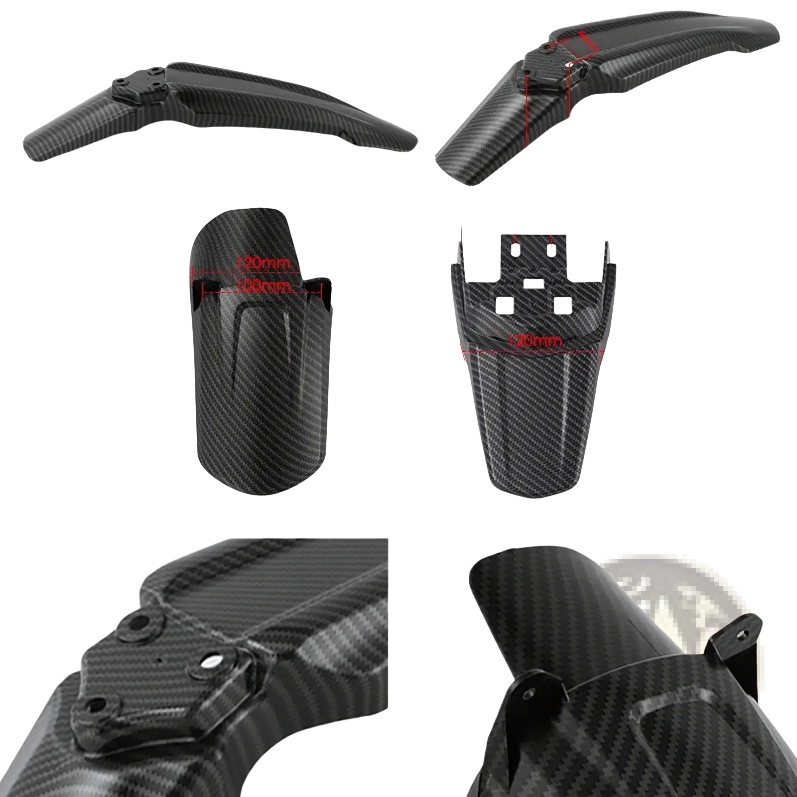 Surron carbon fiber fender set with black textured weave pattern and precise mounting hardware for motorcycles