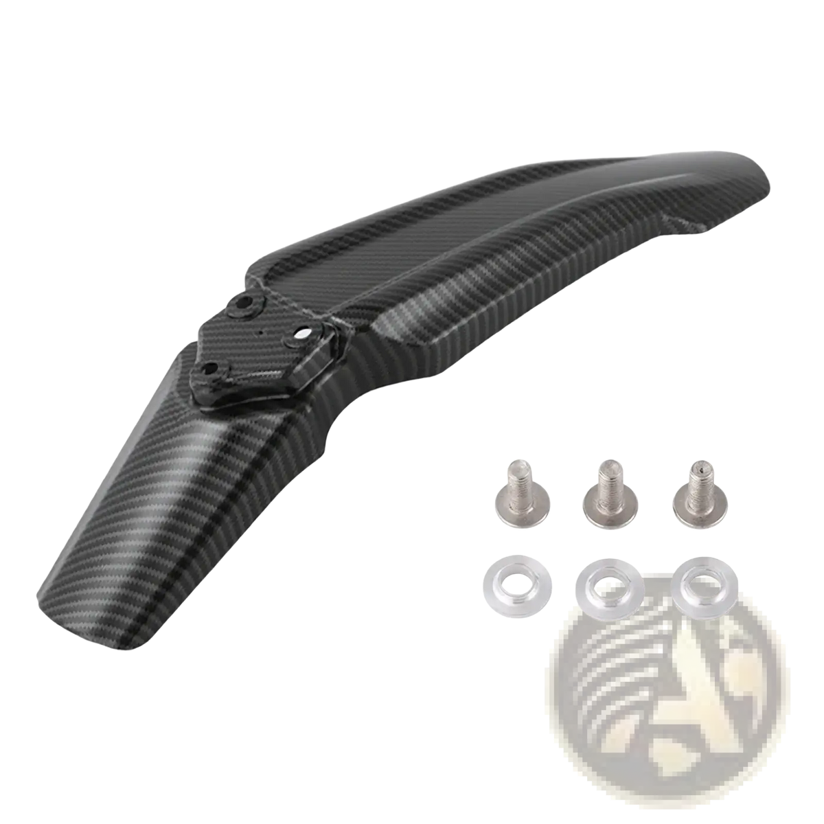 Black carbon fiber SurRon motorcycle front fender with matching mounting hardware displayed from the front side