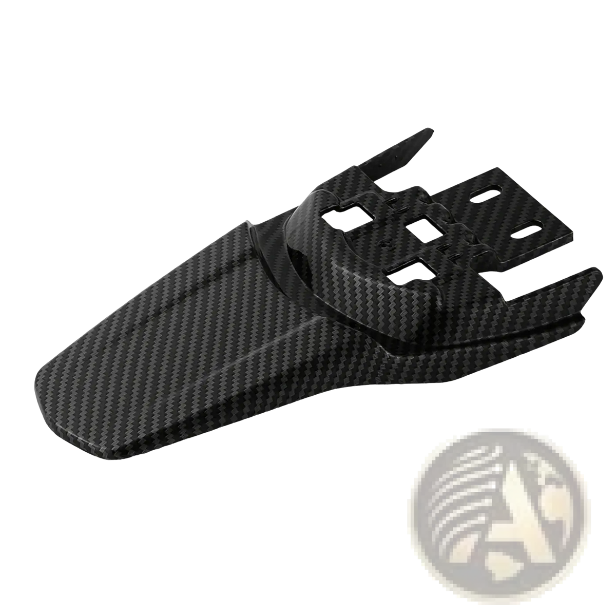Black carbon fiber rear fender for Surron motorcycle with sleek textured weave and angular mounting cutouts visible from back side