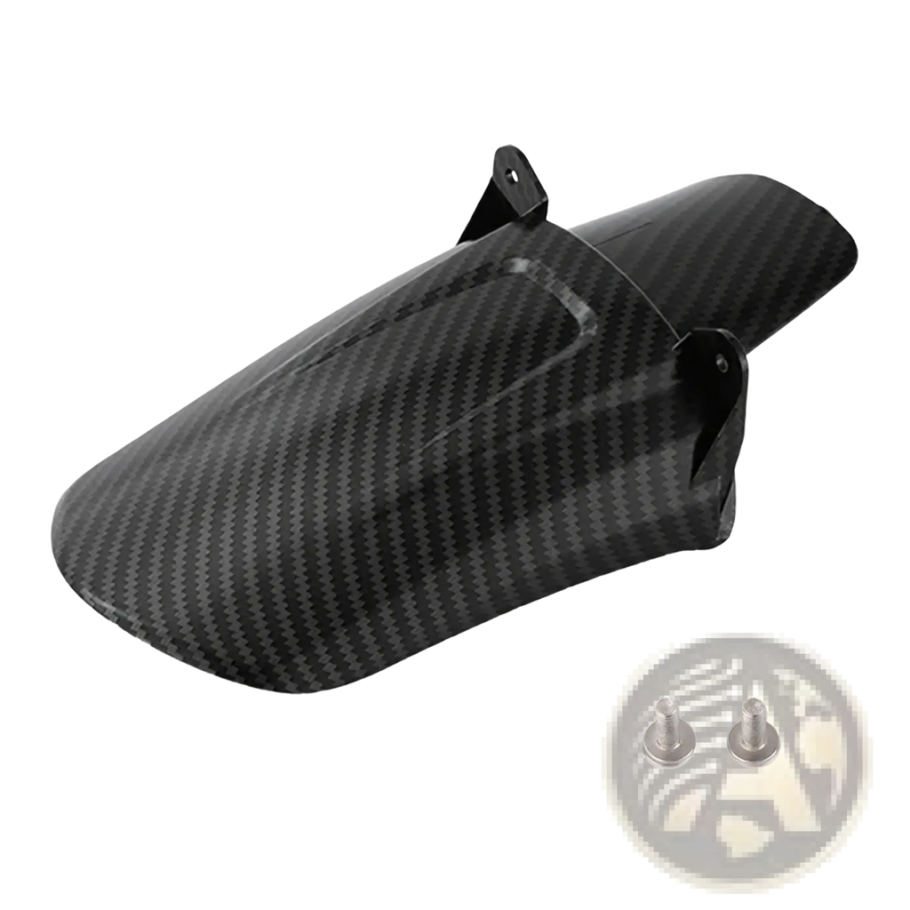 Back side of black carbon fiber surron motorcycle rear fender with two silver mounting screws visible