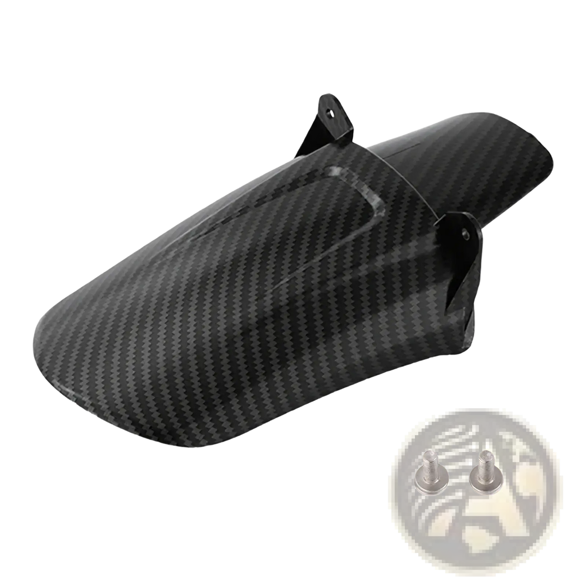Back side of black carbon fiber surron motorcycle rear fender with two silver mounting screws visible