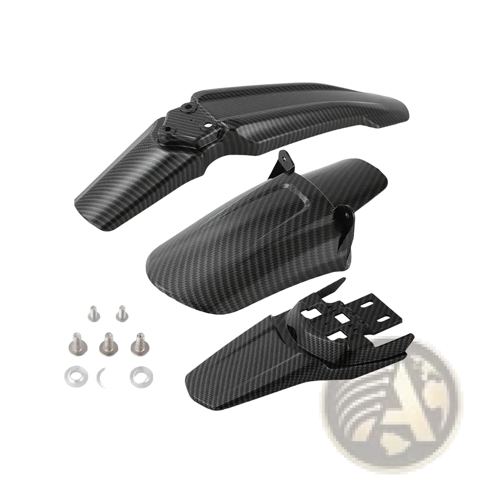 Black carbon fiber front and rear motorcycle fender set for surron featuring lightweight durable design