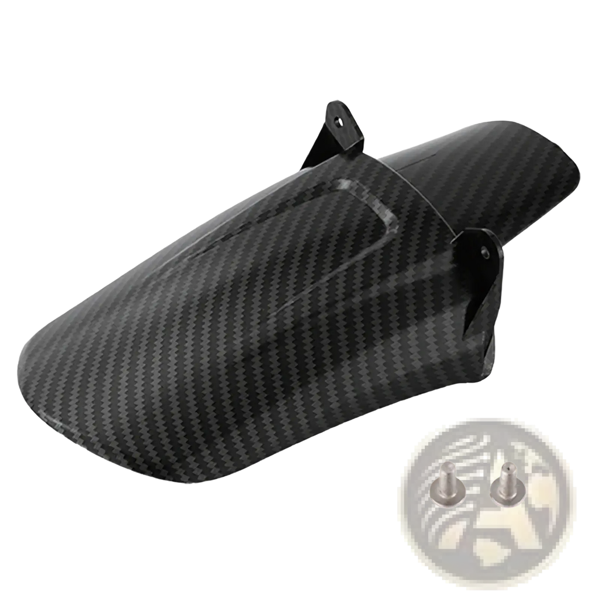 Black carbon fiber motorcycle rear fender with two silver mounting screws for surron carbon fiber fender set back side view