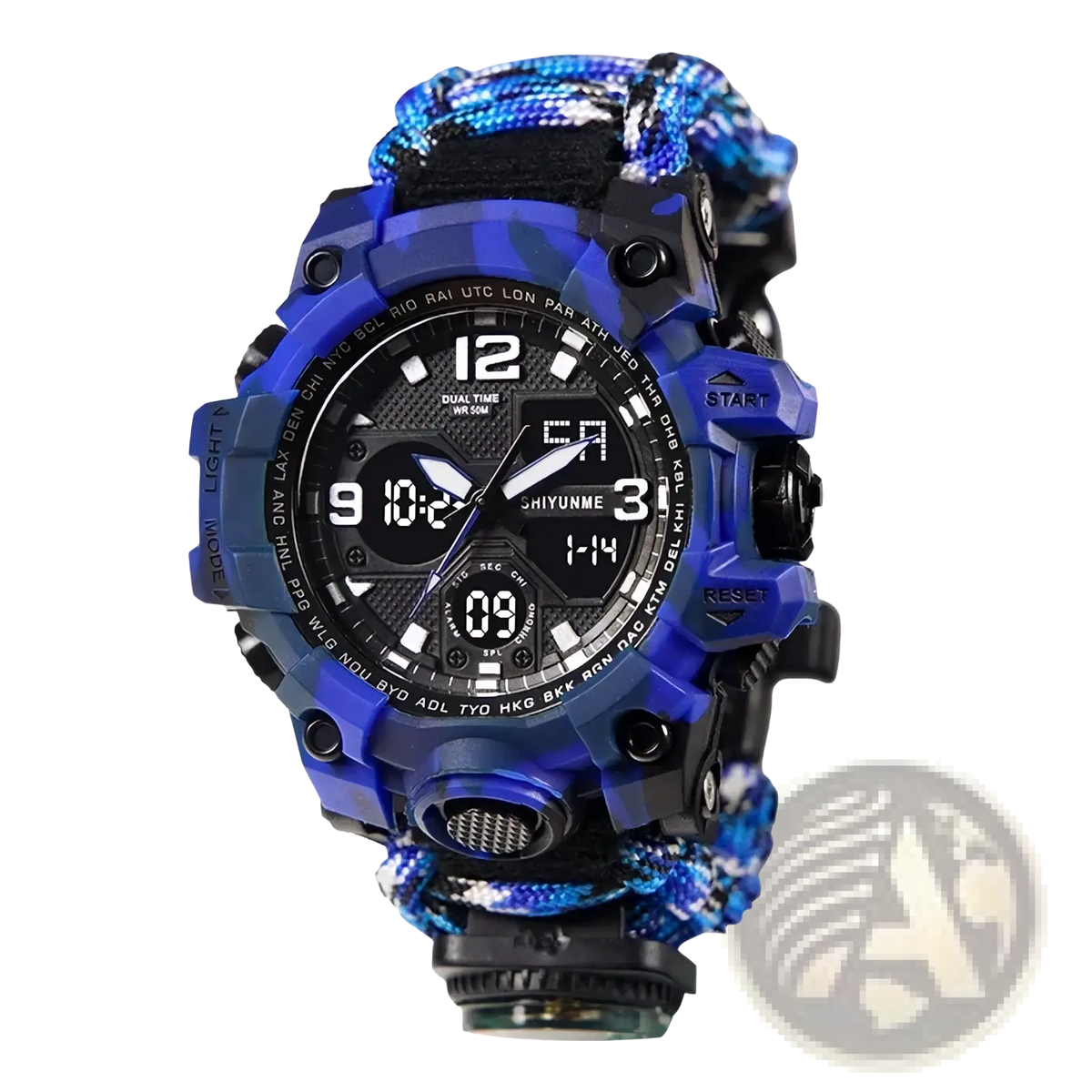 Blue and black camouflage tactical sports watch with braided paracord strap featuring compass and whistle functions