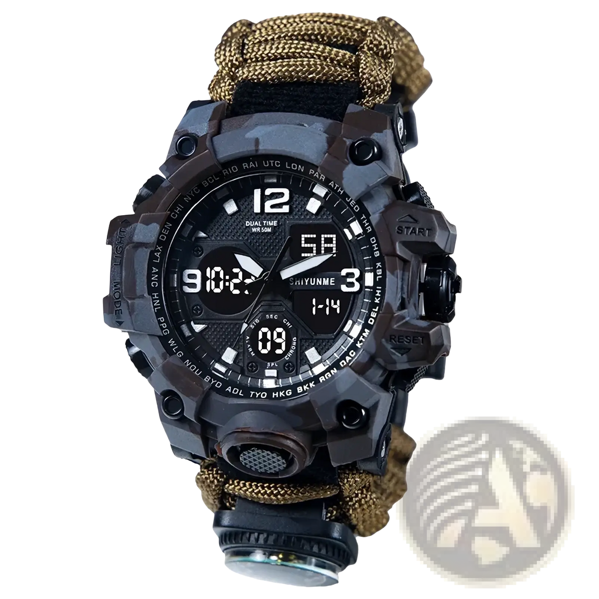 Black and tan camouflage survival paracord watch with compass whistle tactical sports design analog and digital displays