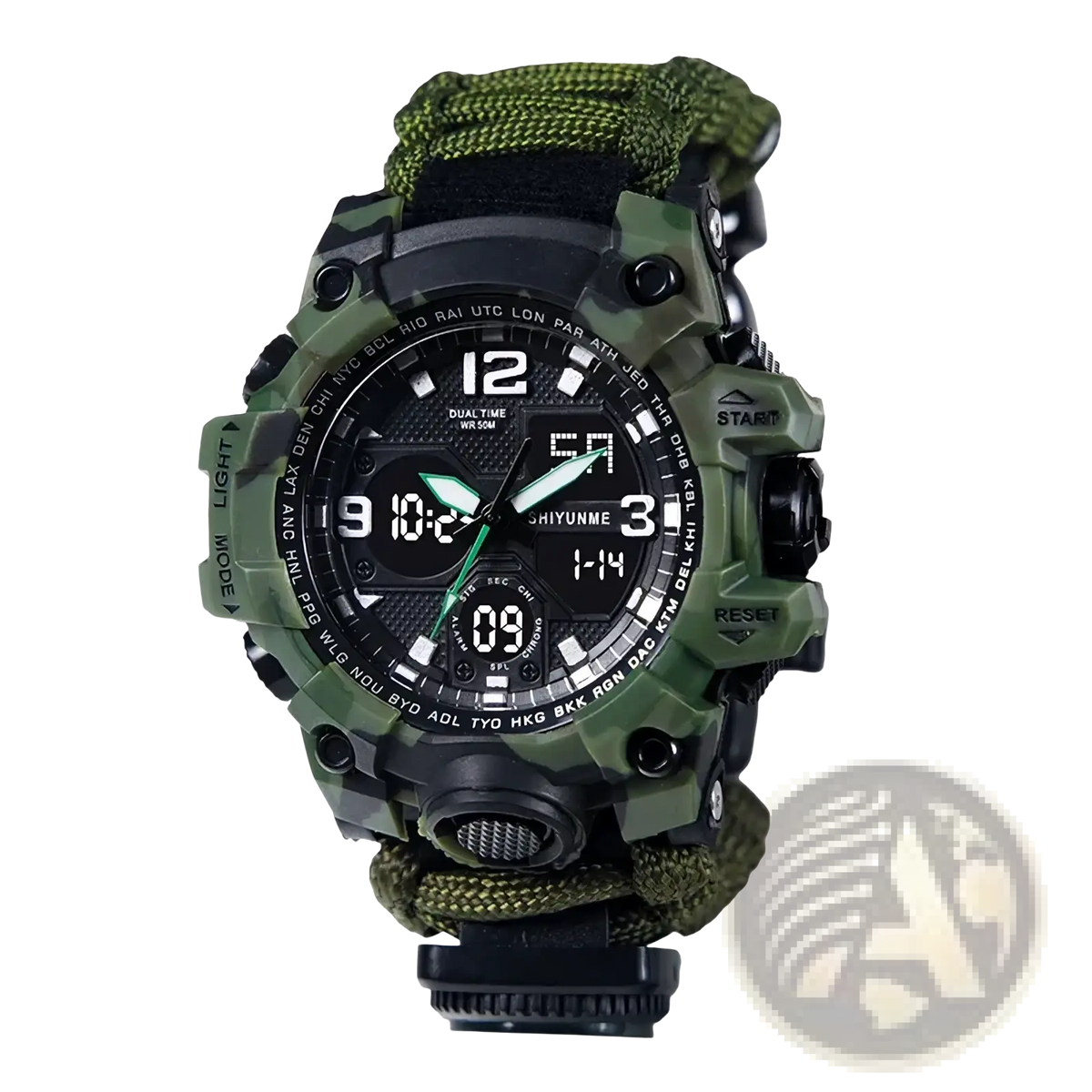 Olive green camouflage survival paracord watch with black accents and tactical sports whistle compass strap