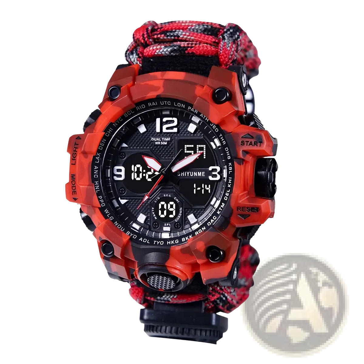 Red and black camouflage survival paracord watch with braided paracord strap compass and whistle for tactical sports use