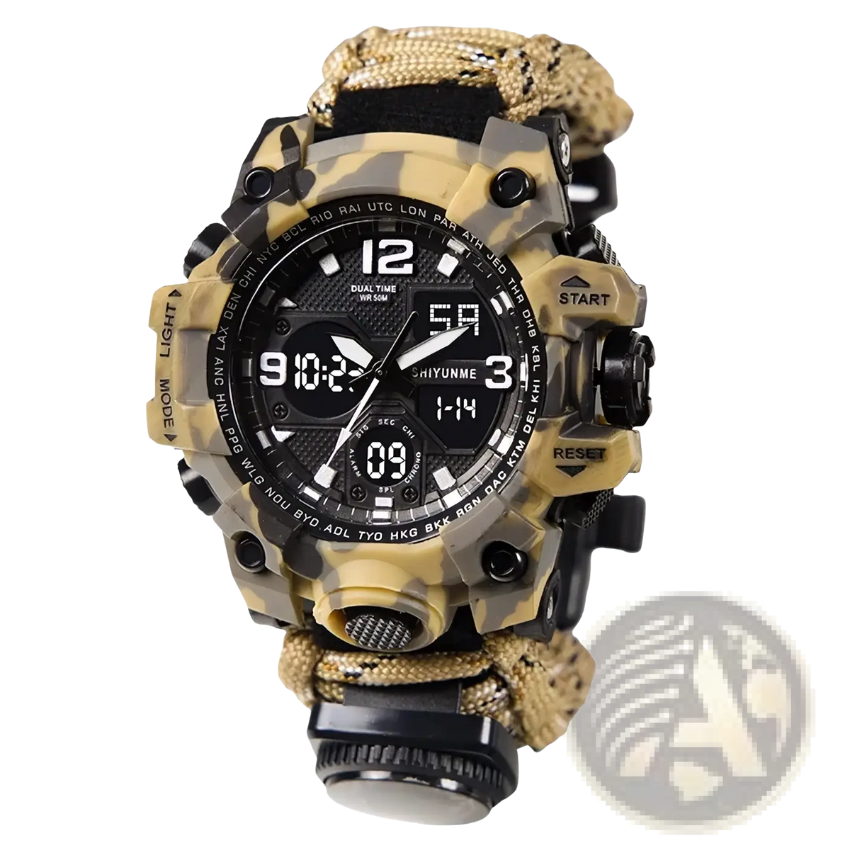 Survival paracord watch compass whistle tactical sports featuring camouflage digital face and tan black paracord strap