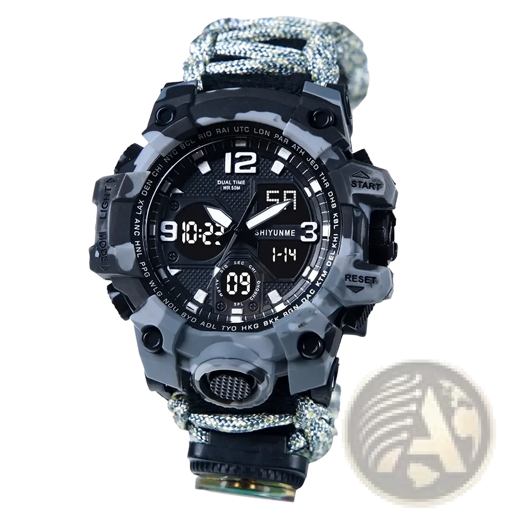 Black and gray camouflage digital sports watch with braided paracord strap compass whistle for tactical survival use
