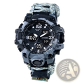 Black and gray camouflage digital sports watch with braided paracord strap compass whistle for tactical survival use