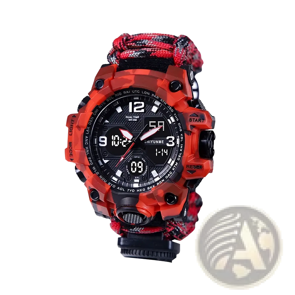 Red and black camouflage survival paracord watch with braided strap featuring compass and whistle for tactical sports use