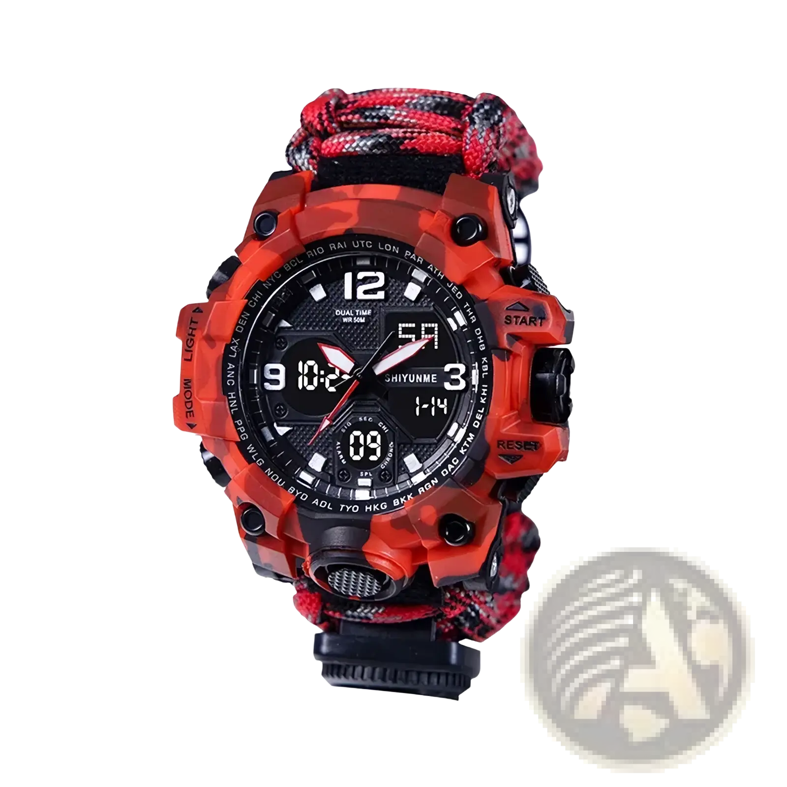 Red and black camouflage survival paracord watch with braided strap featuring compass and whistle for tactical sports use