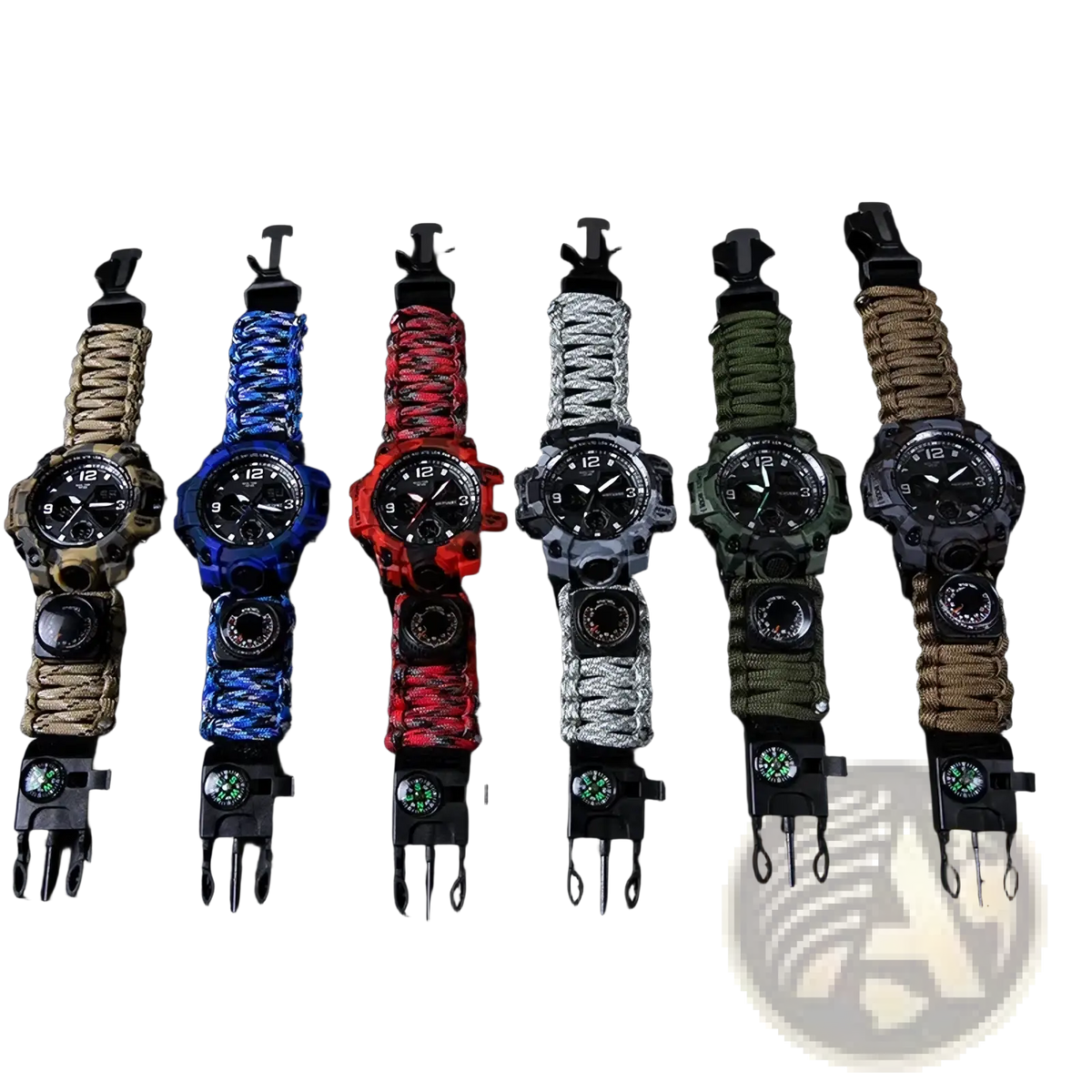 Survival paracord watches with compass and whistle feature in tan blue red silver green and beige tactical sports straps