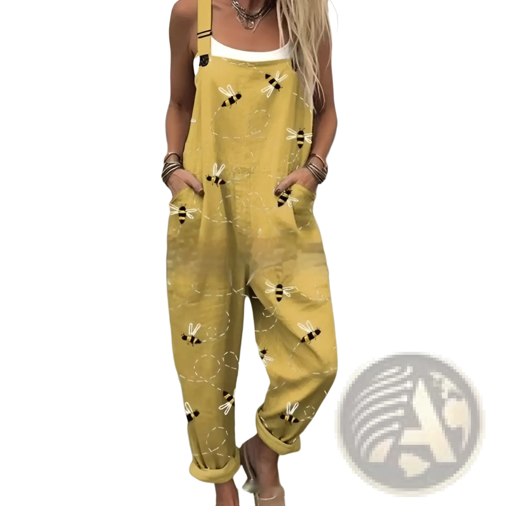 Yellow bee-patterned denim suspender pants with rolled cuffs and adjustable straps for casual wear