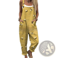 Yellow bee-patterned denim suspender pants with rolled cuffs and adjustable straps for casual wear