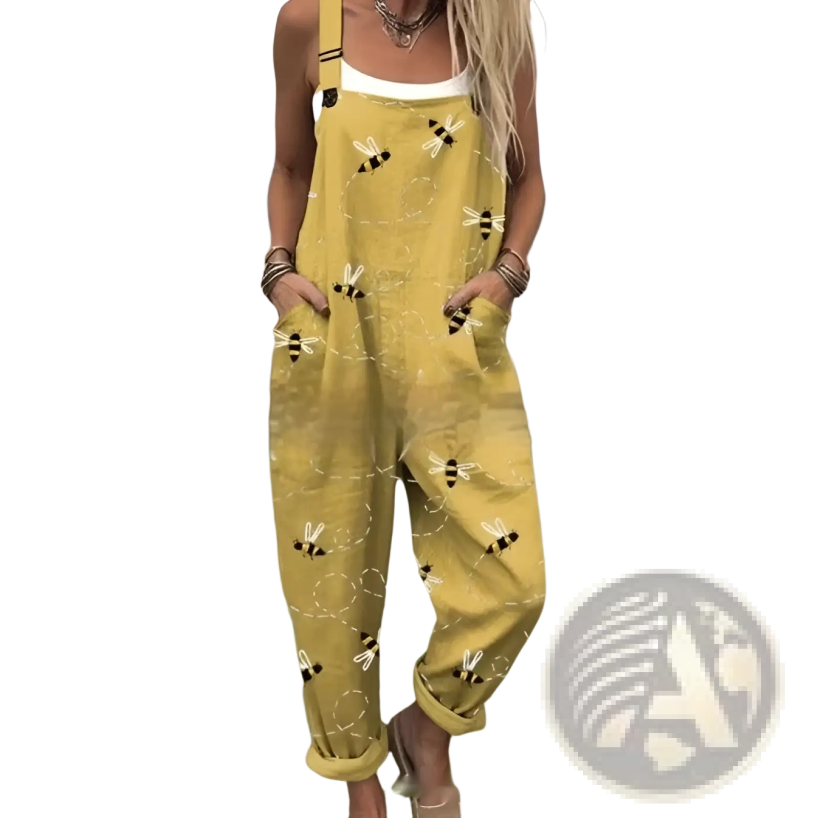 Yellow bee-patterned denim suspender pants with rolled cuffs and adjustable straps for casual wear