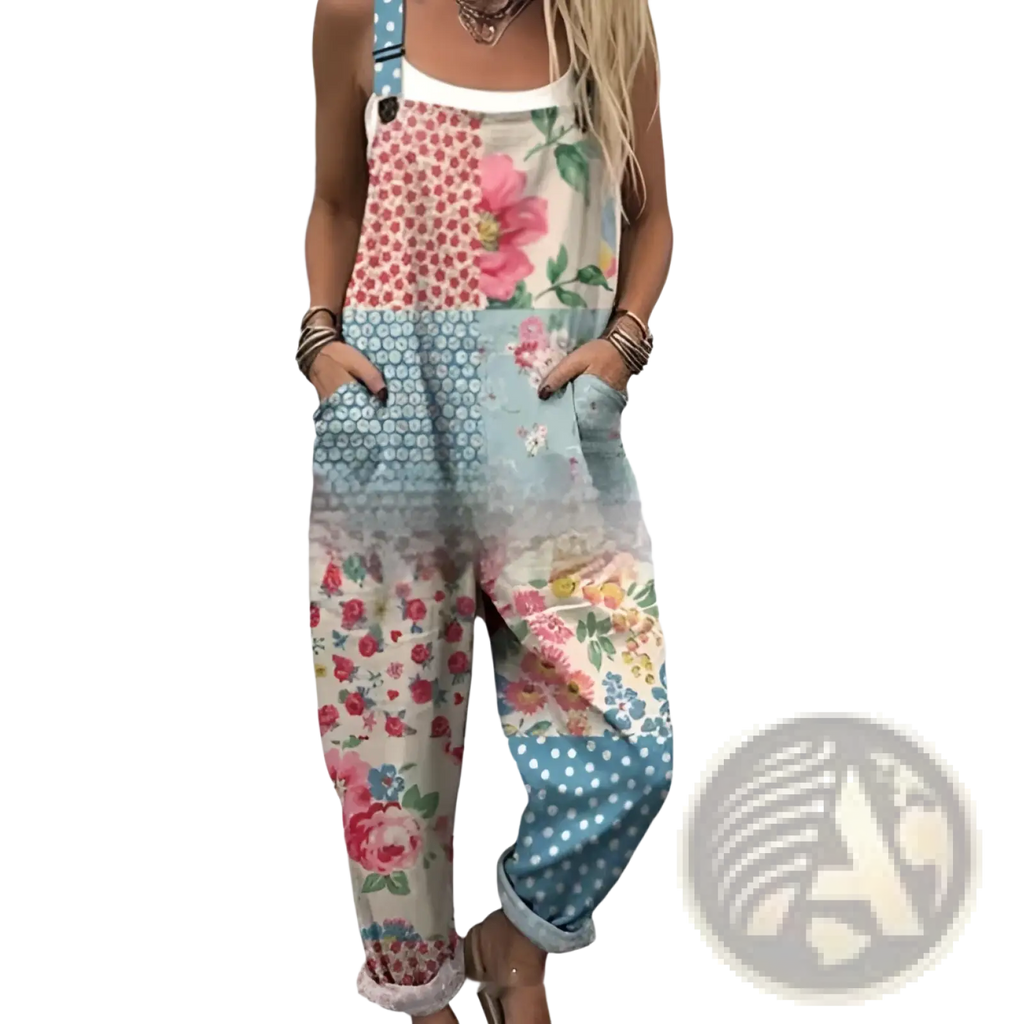 Patchwork floral print denim overalls with rolled cuffs and adjustable straps in soft pastel tones for casual wear