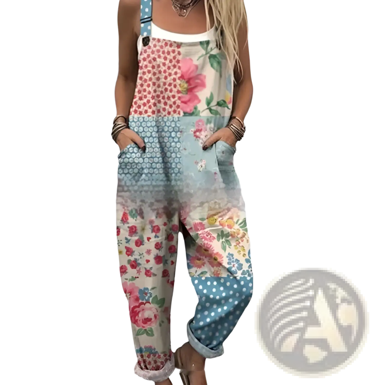 Patchwork floral print denim overalls with rolled cuffs and adjustable straps in soft pastel tones for casual wear