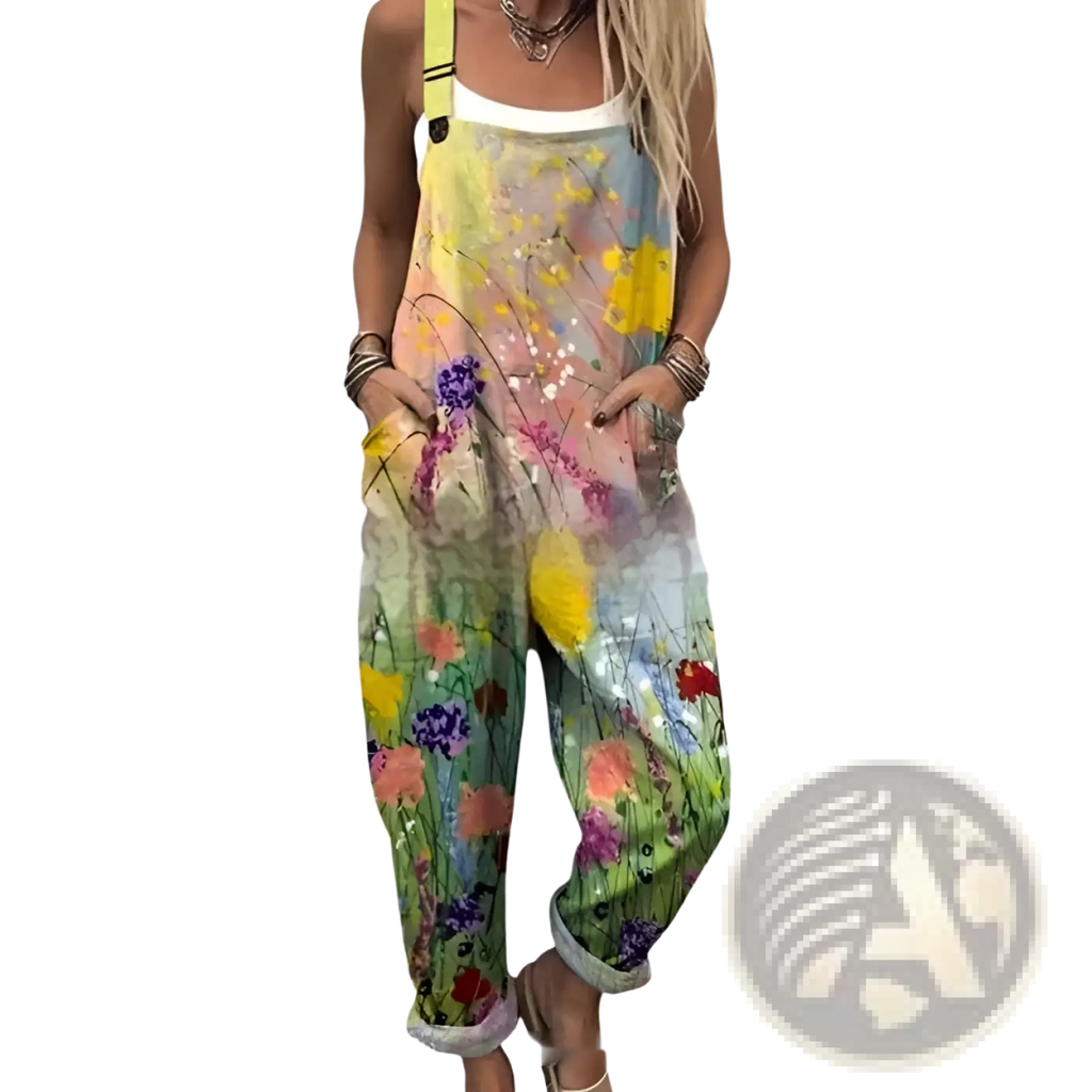 A vibrant floral-patterned sleeveless jumpsuit with white trim neckline and rolled-up cuffs for casual wear