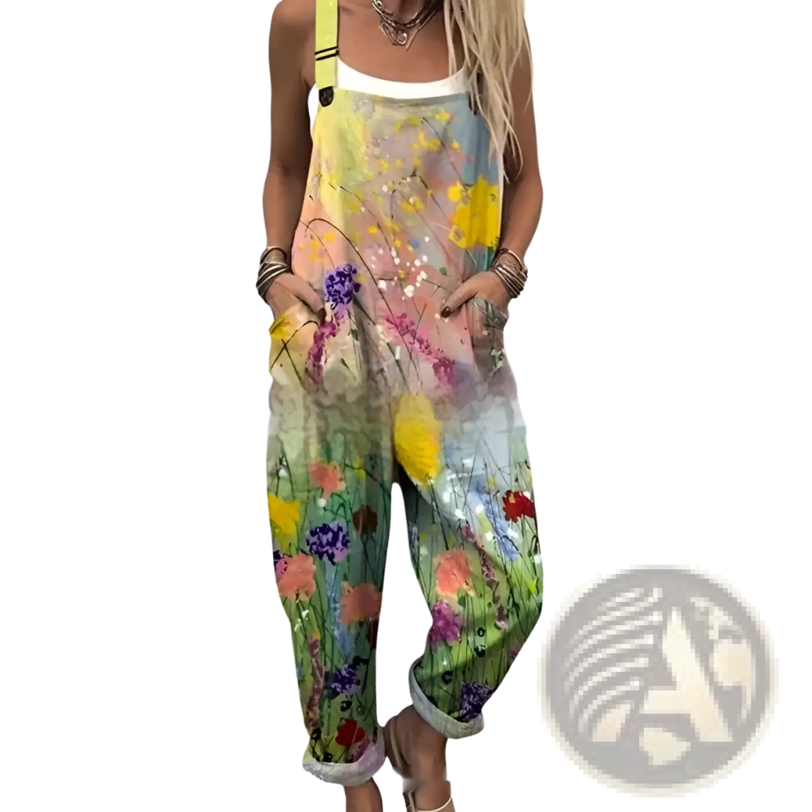 A vibrant floral-patterned sleeveless jumpsuit with white trim neckline and rolled-up cuffs for casual wear