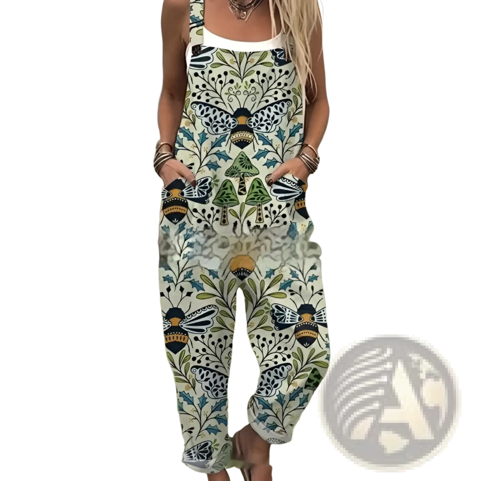 Beige overalls with a whimsical pattern of black and yellow bees, green mushrooms, and leafy vines in shades of blue and teal.