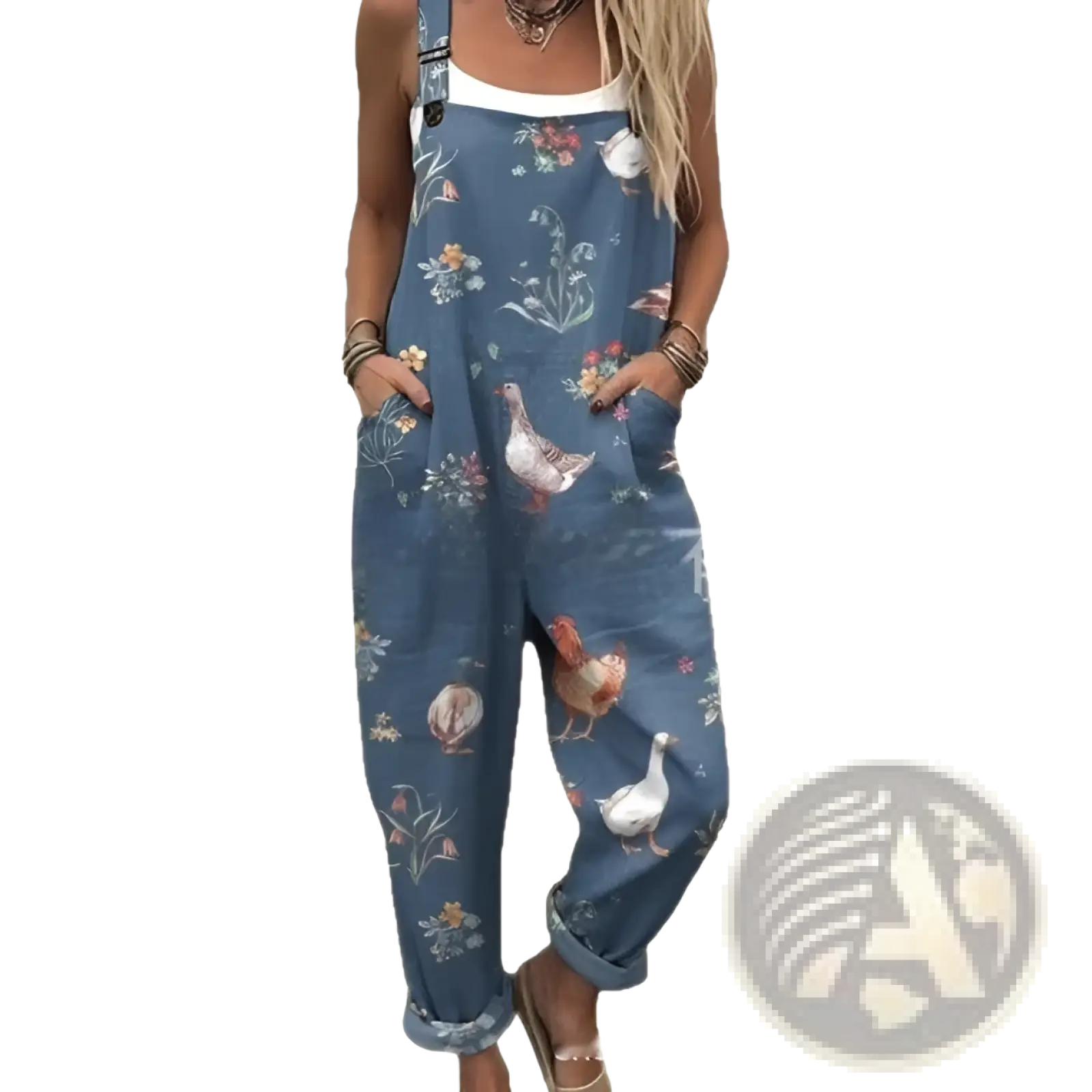 Blue denim suspender pants with 3d printed pastel chickens flowers and grass casual button trousers design