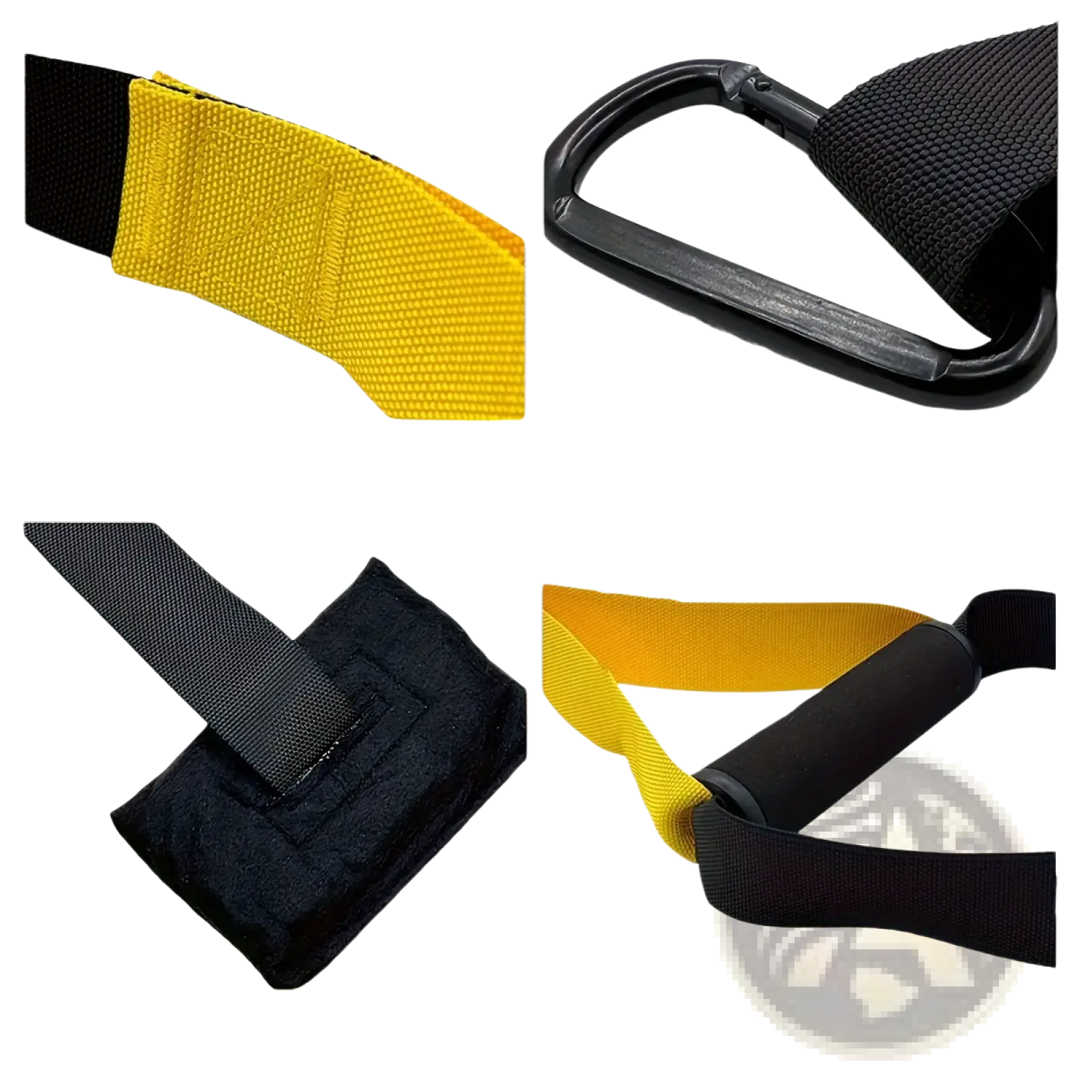 Yellow and black suspension training straps with durable anti slip grip and safety carabiner for full body resistance training