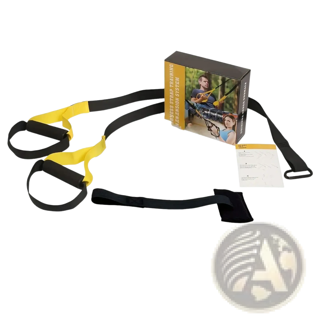 Yellow and black suspension training straps with adjustable loops made of durable material for full body resistance band workouts