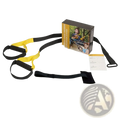 Yellow and black suspension training straps with adjustable loops made of durable material for full body resistance band workouts