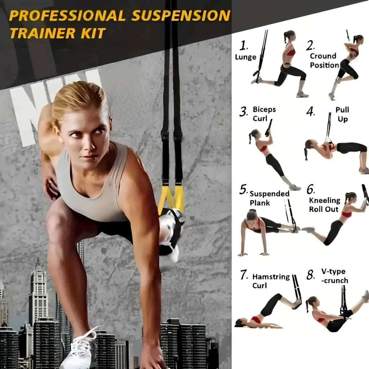 Black and yellow trx suspension training straps with adjustable handles for full body resistance workouts