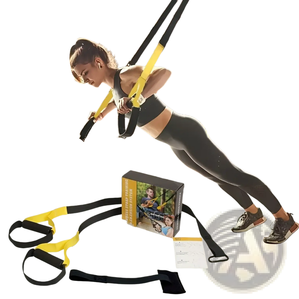 Yellow and black trx suspension training straps made of durable material for full body resistance band workouts